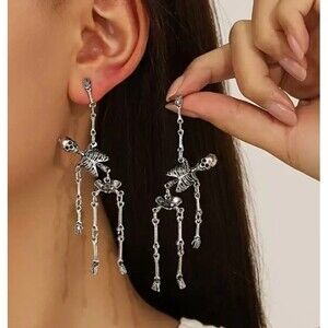 Antique Silver Dangling Skeleton Earrings Grunge Punk Rad Gothic